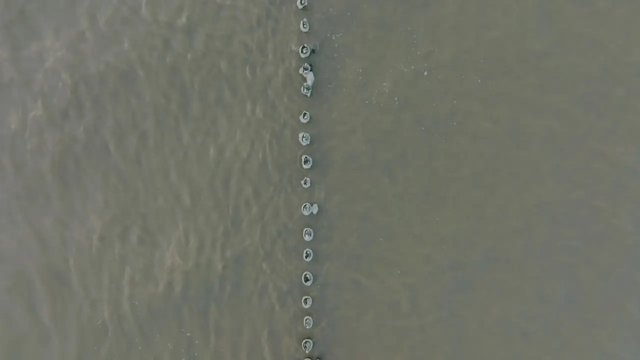 Aerial view of an old wooden pier at the Baltic sea coastline overcast winter day white sand beach covered in snow ice on wood poles calm seashore wide birdseye drone shot moving back