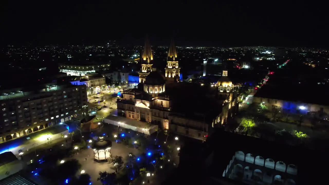 Guadalajara Night Aerial Orbit of Catedral de Guadlajara and Skyline