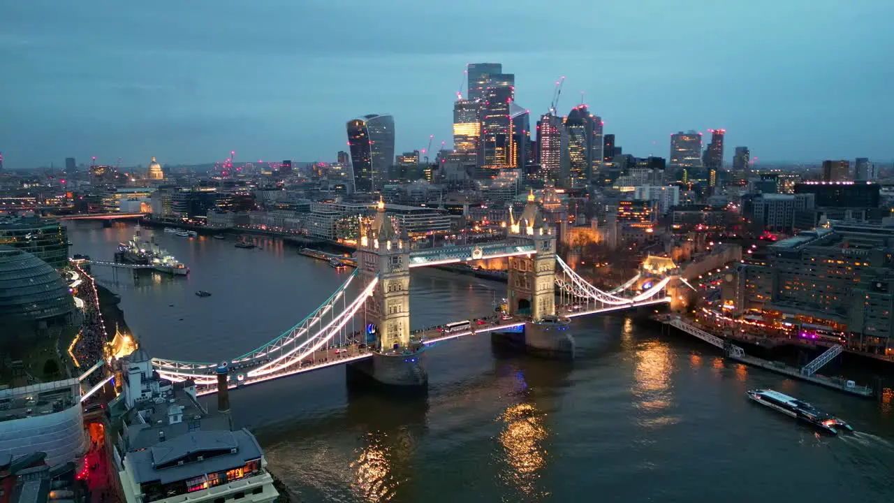 Orbital right to left drone shot of the Tower Bridge in London England