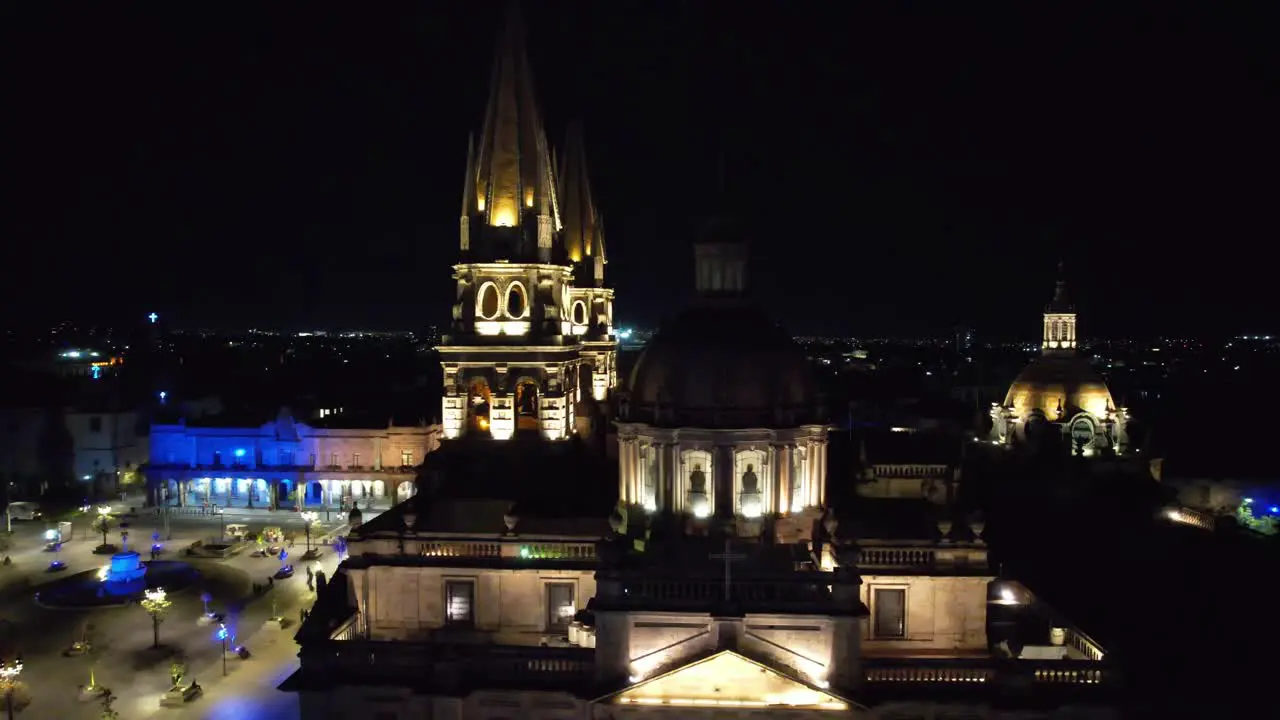 Guadalajara Night Aerial Pan Up to Catedral de Guadalajara