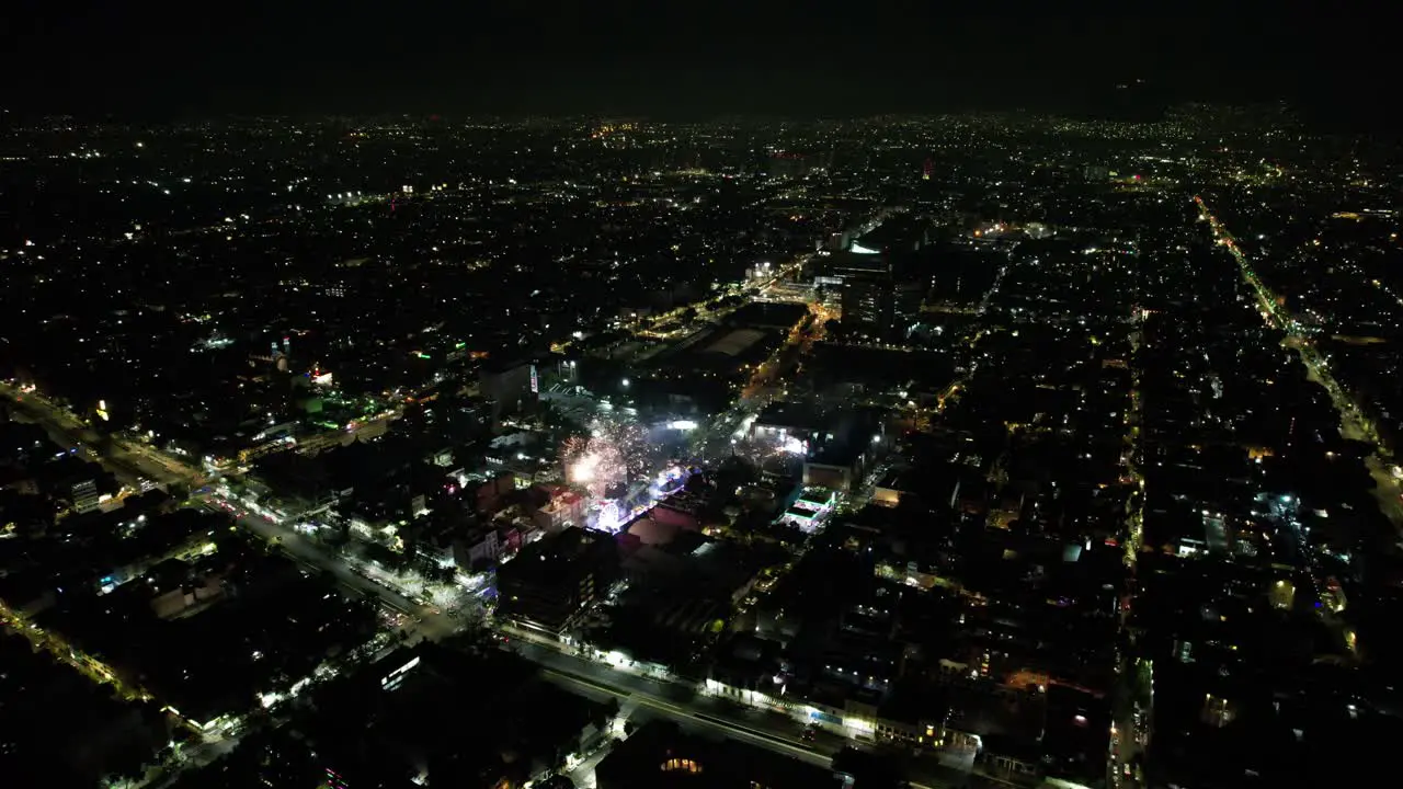 drone shot of diverse color fireworks demonstration at mexico city during independence day at nightn nat alcaldia cuauhtemoc