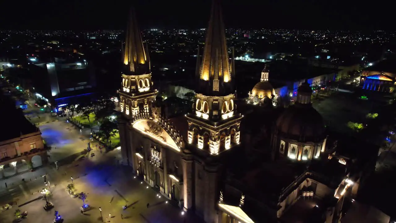 Guadlajara Night Aerial front of Catedral de Guadalajara