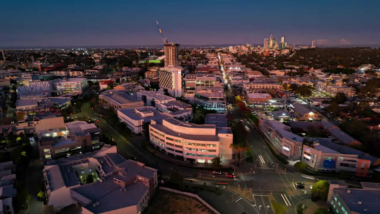 Drone time lapse hyper lapse descending into Subiaco at Twilight