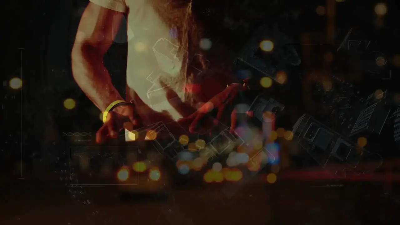 Caucasian male artist playing keyboard during concert over city at night