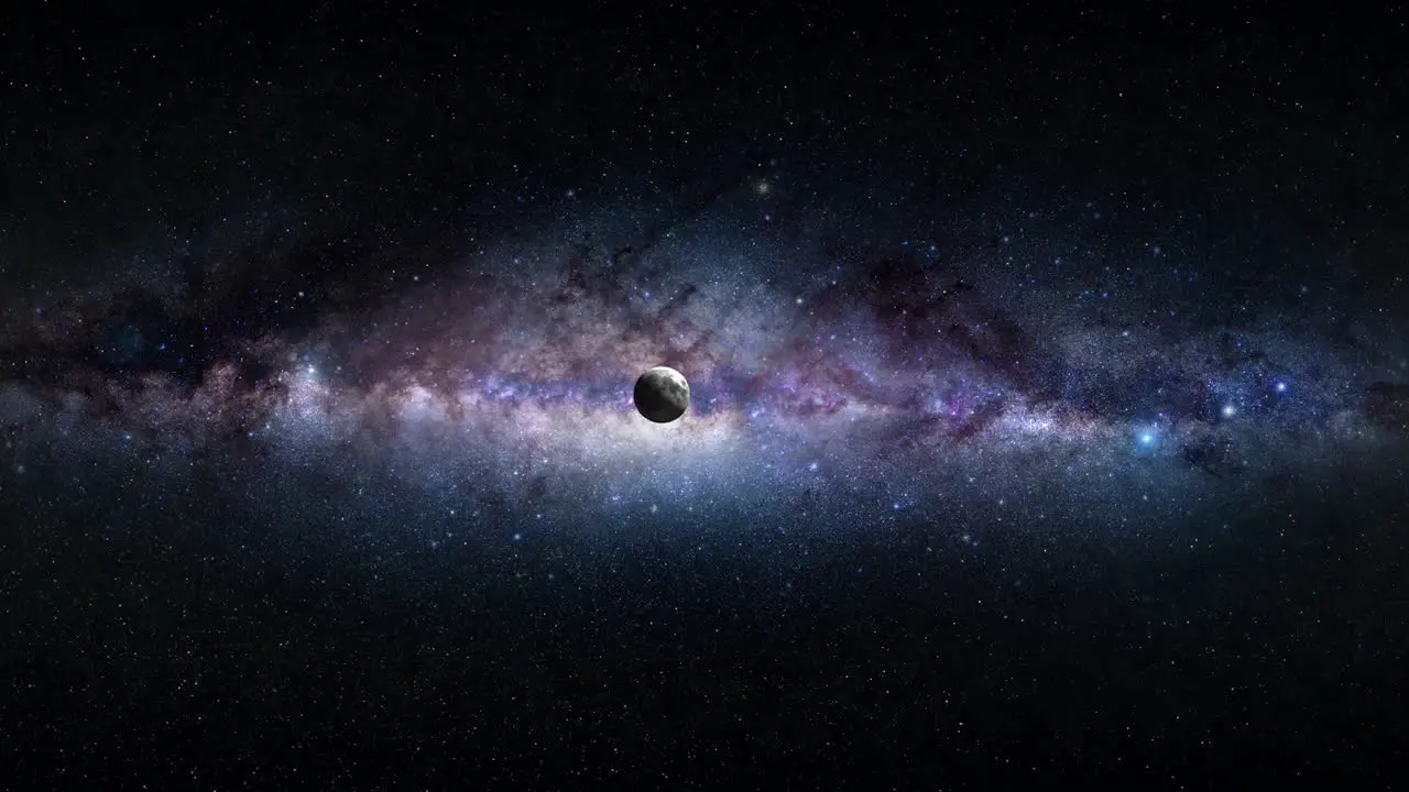 Moving Through Space away from the Moon to Earth with Milky Way in the Background