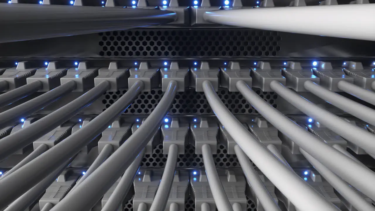 Close up view of internet network switch with connected white ethernet cables