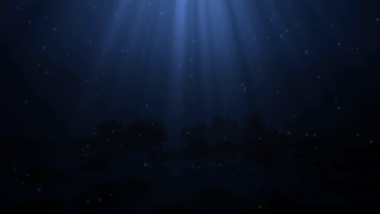 Dark blue ocean bottom with bubbles and light rays deep underwater