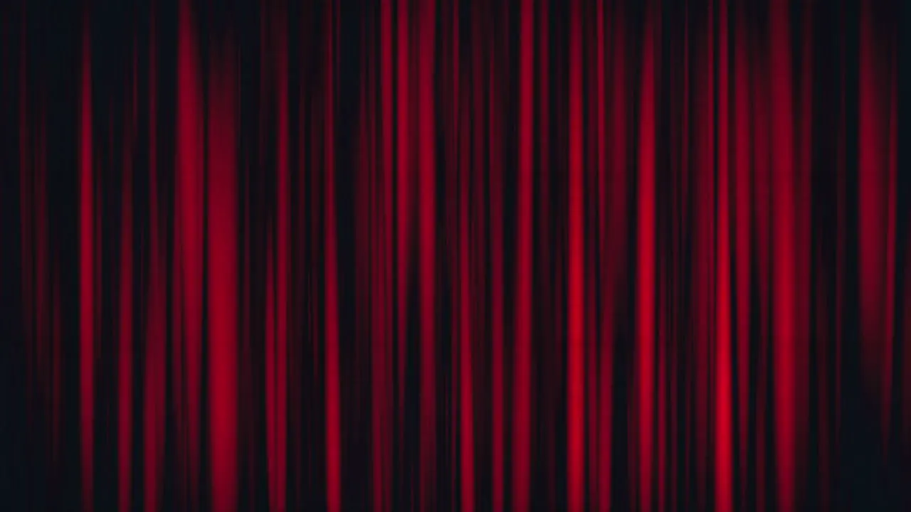 A realistic red velvet silk closed curtains of a theater stage scene