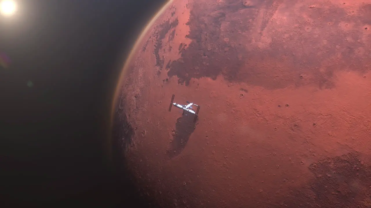 planet Mars with Satellite exploring in martian orbit