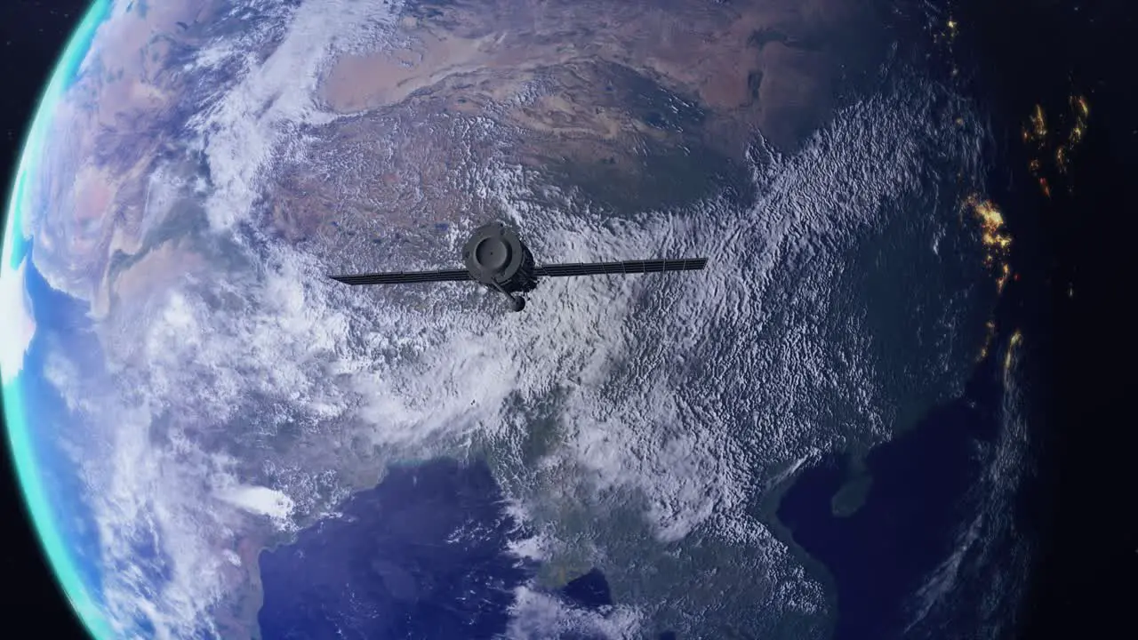 Satellite orbiting the Earth planet View from spacial travel