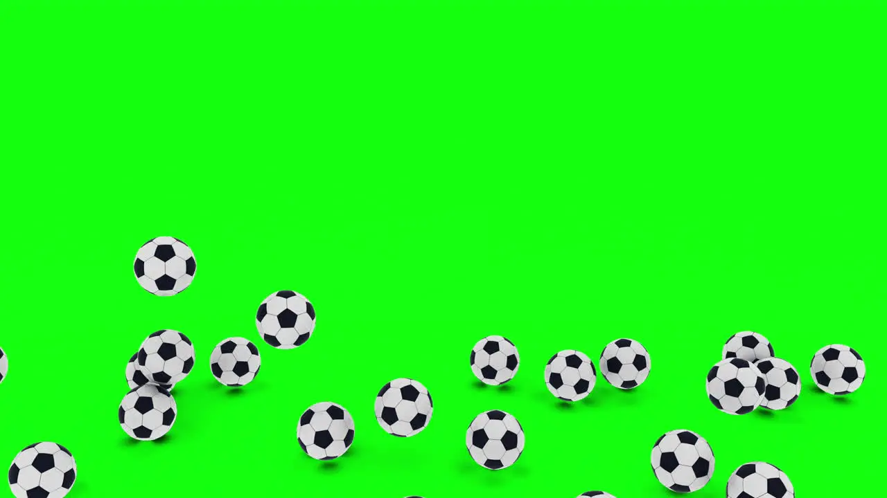 Pile of 3d soccer balls fall and bounce on the floor over green screen