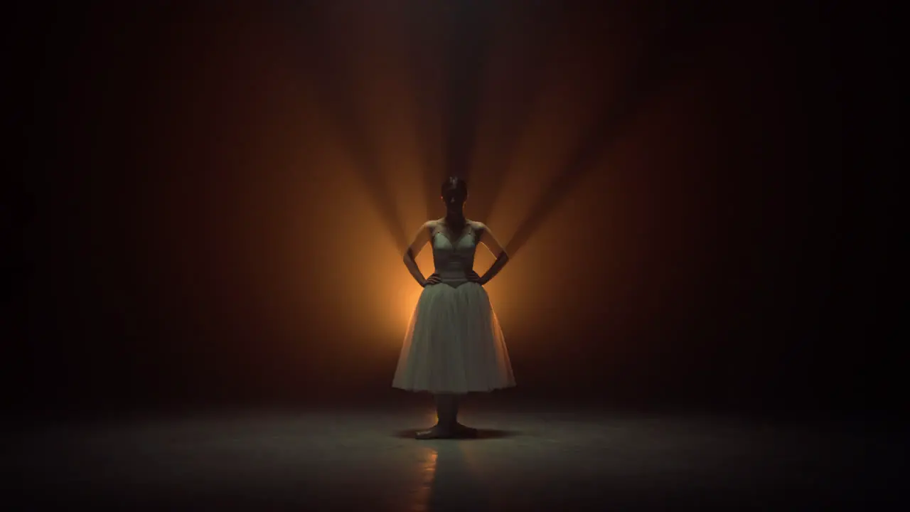 Silhouette of ballerina posing on stage Ballet dancer keeping hands on waist