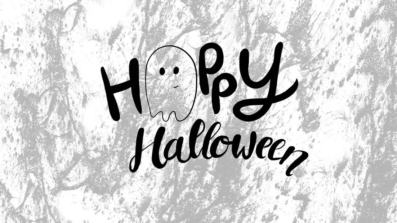 Digital animation of happy halloween text with ghost icon against grunge texture on grey background