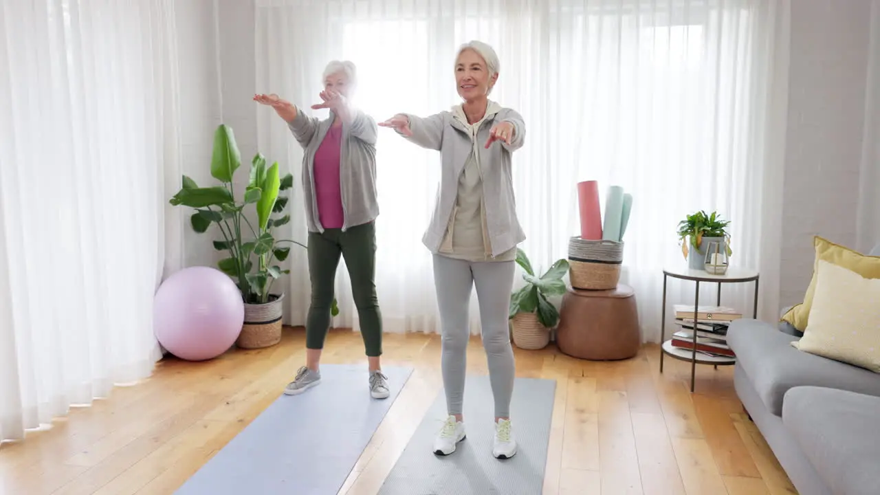 Fitness yoga and elderly woman friends in a home