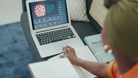 Laptop black woman or science student with books