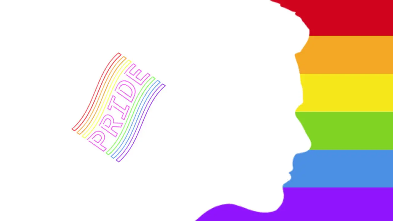 Animation of profile of human head and pride text on flag over rainbow stripes