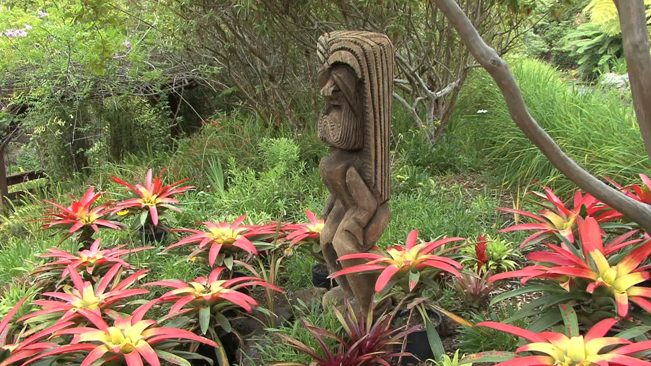 Maui Tiki statue and bromeliads