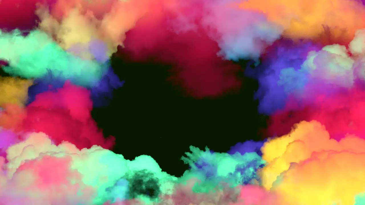 Abstract flight through multicolored cloudscape and black hole at horizon background