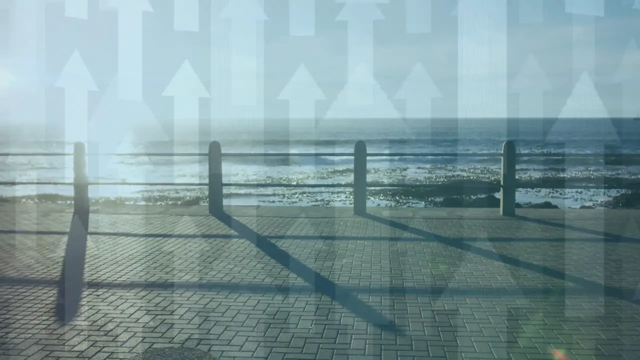 Multiple arrow moving upwards against african american woman running on the promenade