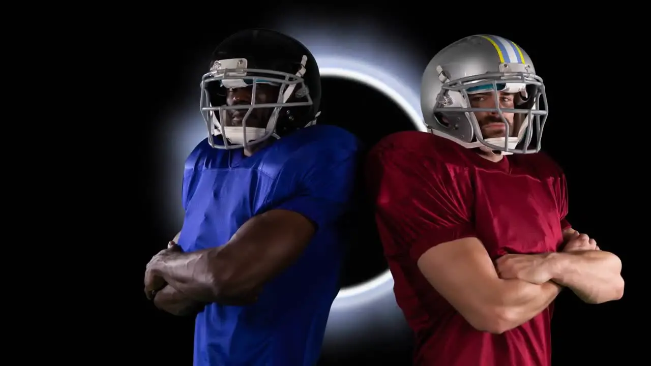 Animation of two diverse male rugby players standing against glowing ring on black background