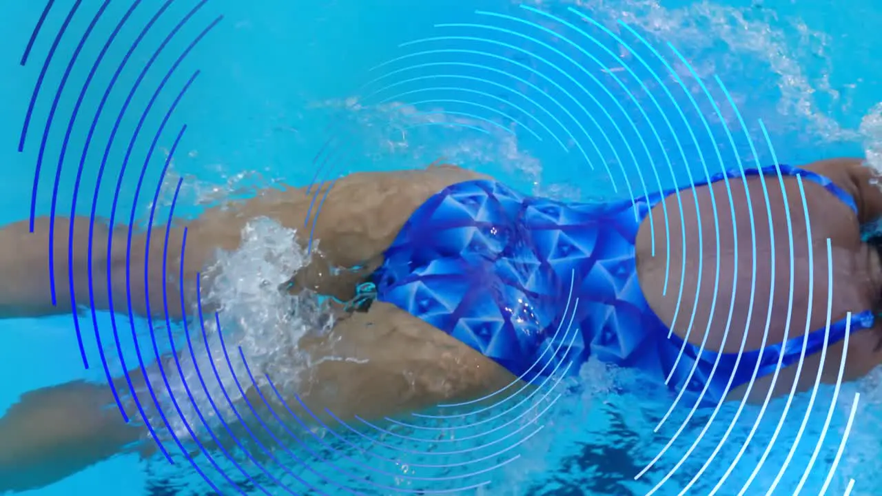 Animation of blue line spiral rotating over woman swimming in pool