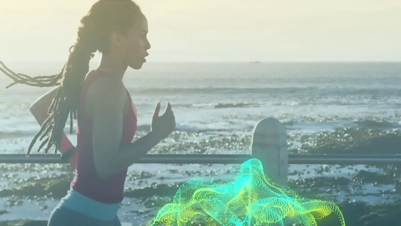 Neon digital wave against african american fit woman running on the promenade