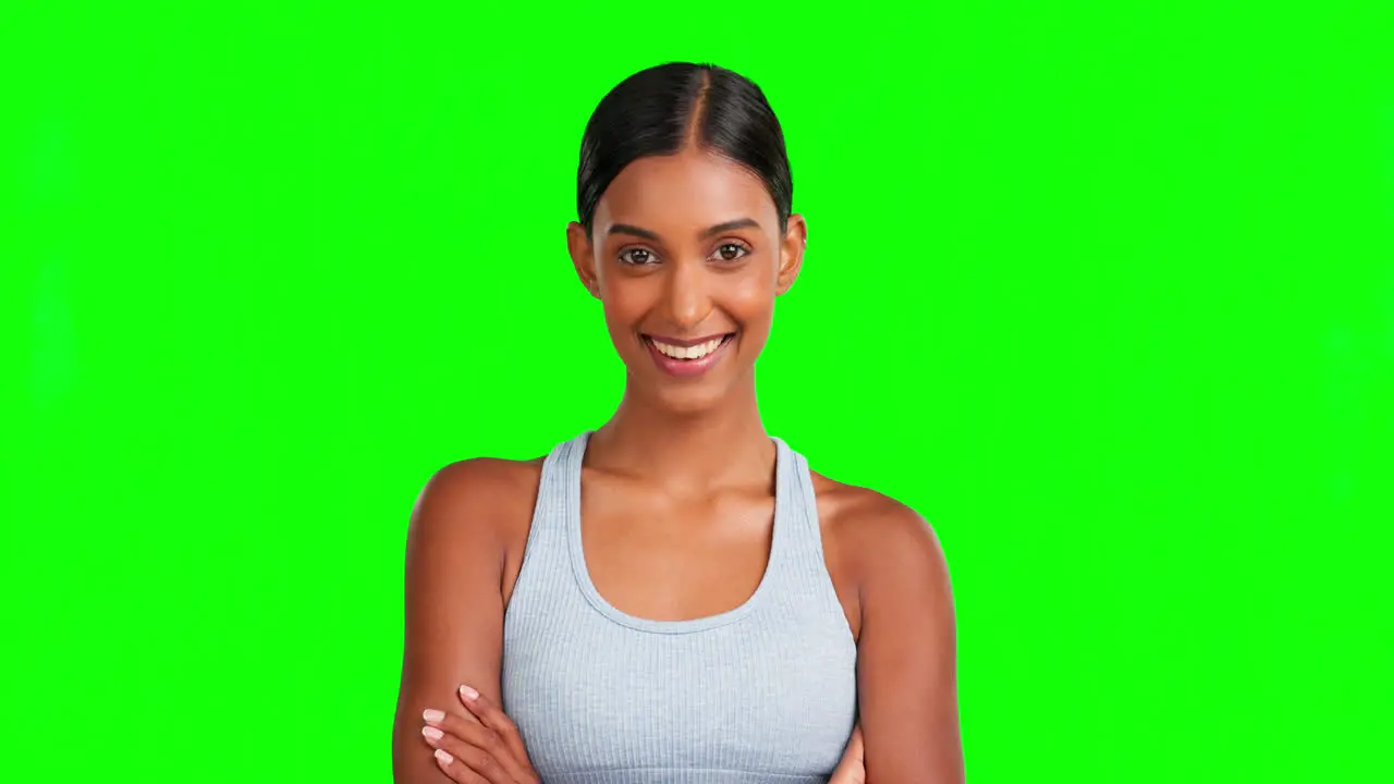 Face happy and fitness woman with arms crossed