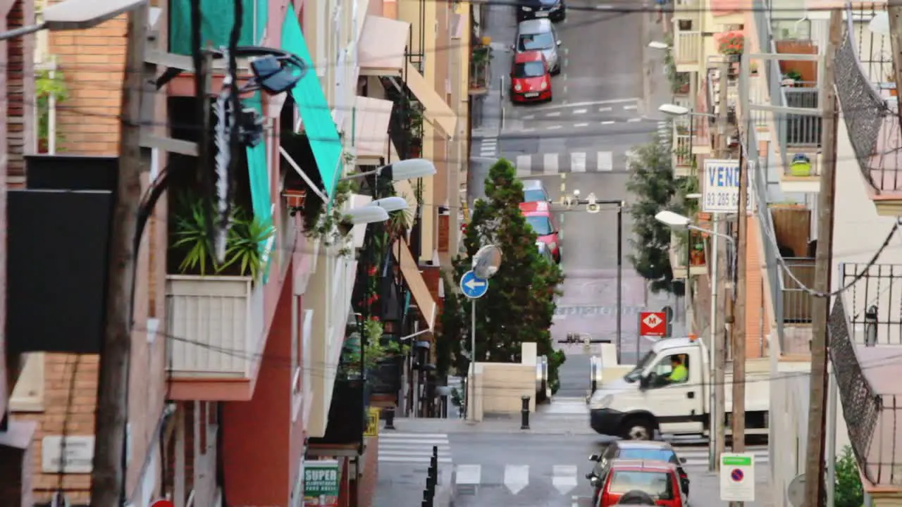 Building house and building balcony Car moving on city street Urban lifestyle