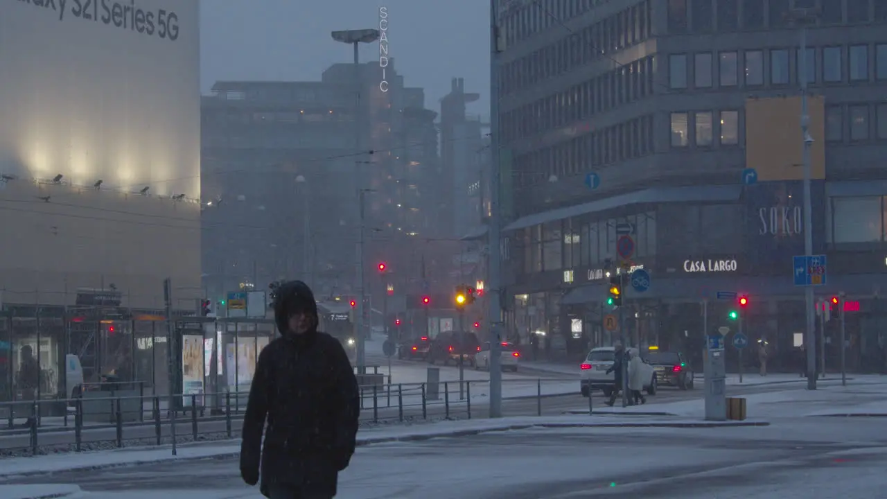 Downtown street Helsinki Finland on a cold and snowy winter day