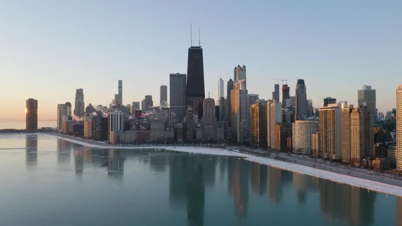 Chicago Skyline Reflecting in Lake Michigan on Clear Winter Day