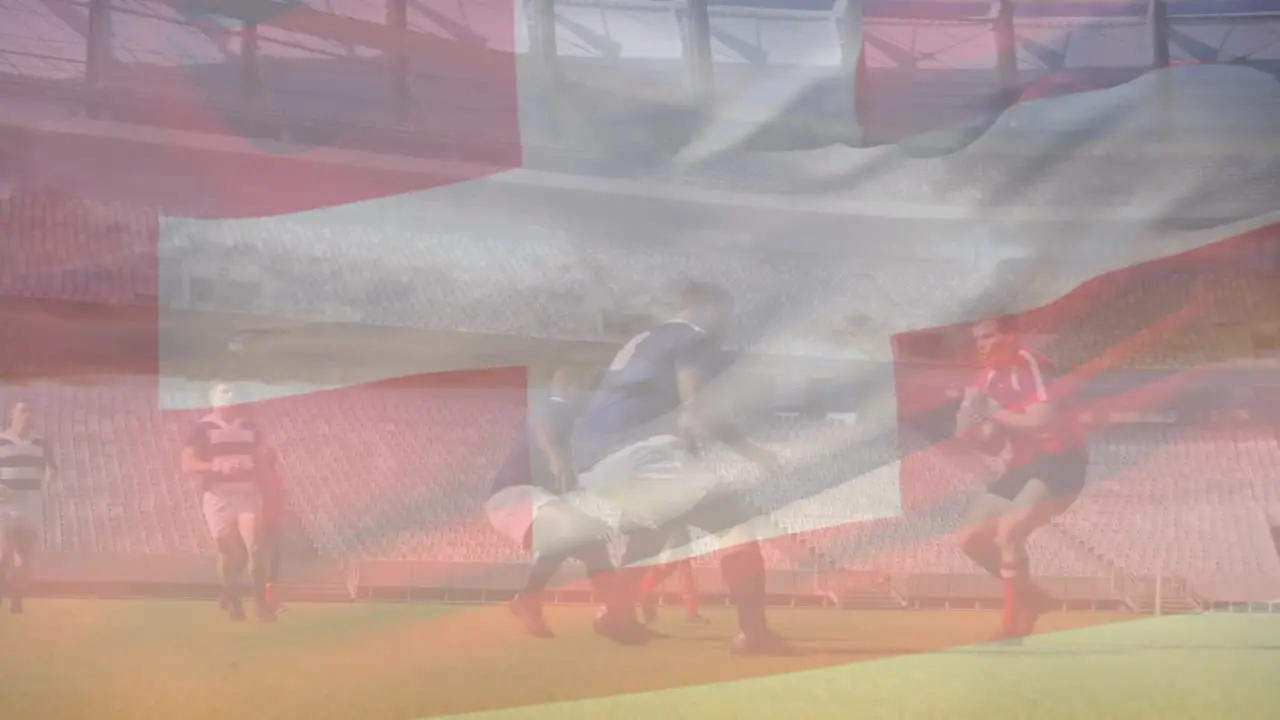 Animation of switzerland flag over team of diverse male rugby players playing rugby at sports field