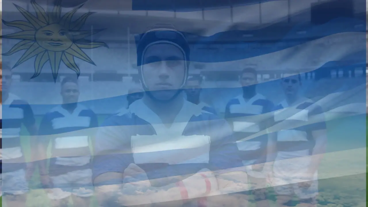 Animation of uruguay flag over team of diverse male rugby players standing together at rugby field