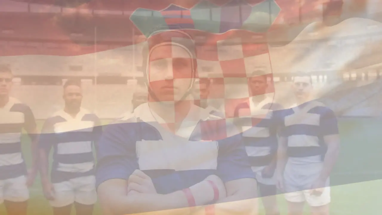 Animation of croatia flag over team of diverse male rugby players standing together at rugby field