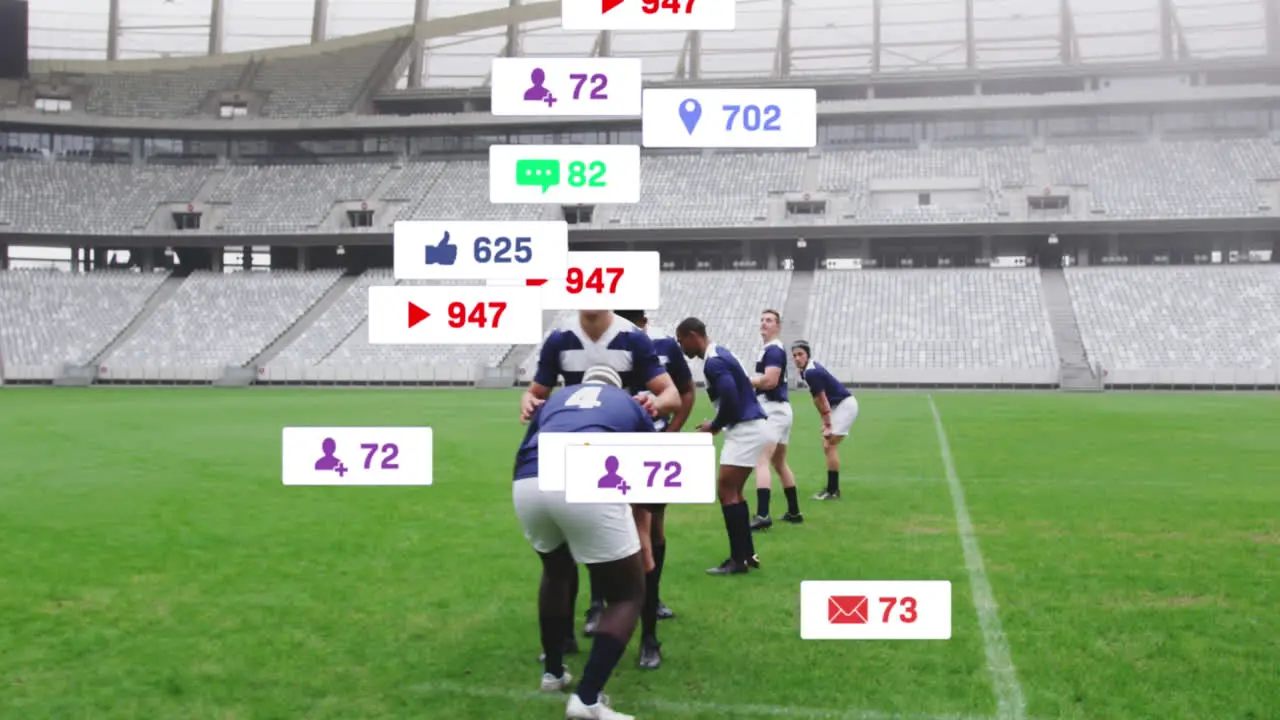 Animation of social media icons foating against team of diverse rugby players playing in the stadium