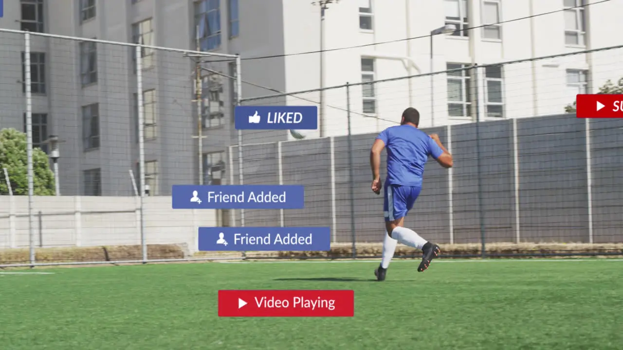 Animation of social media icons over biracial male soccer player training shooting on sports field