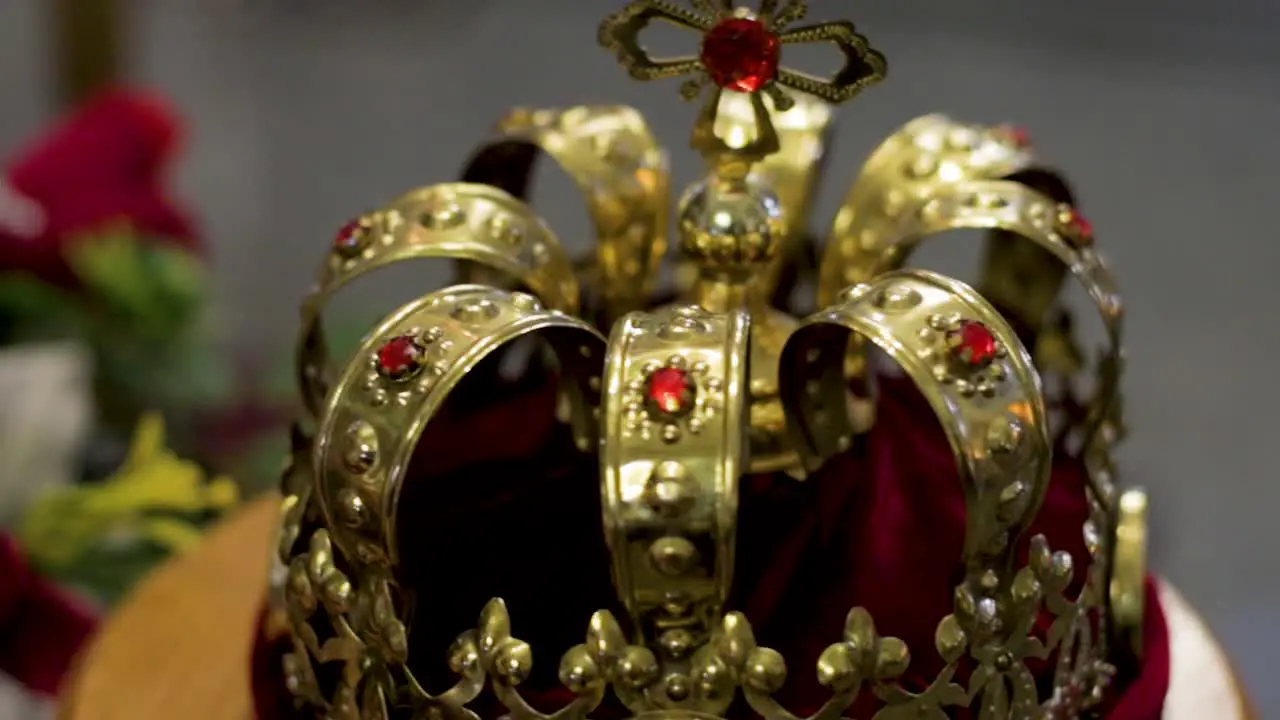 Golden religious crown at a christening in a church