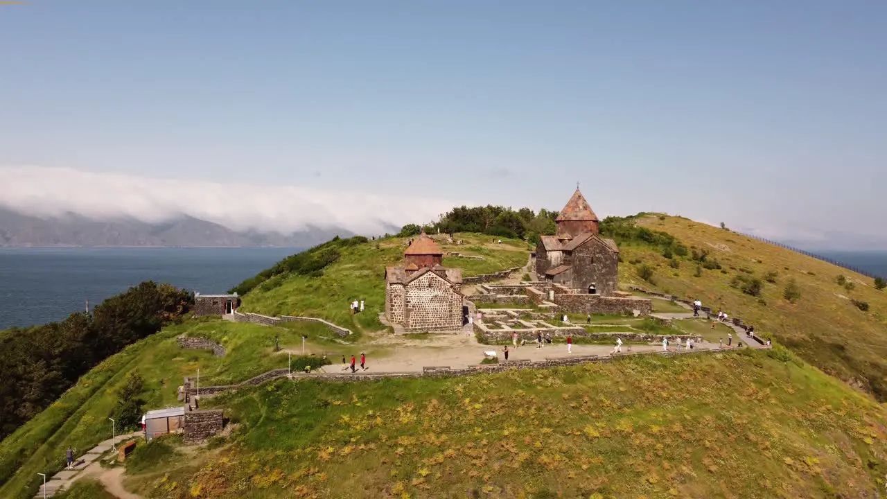 Flying over an old monastery complex on the island