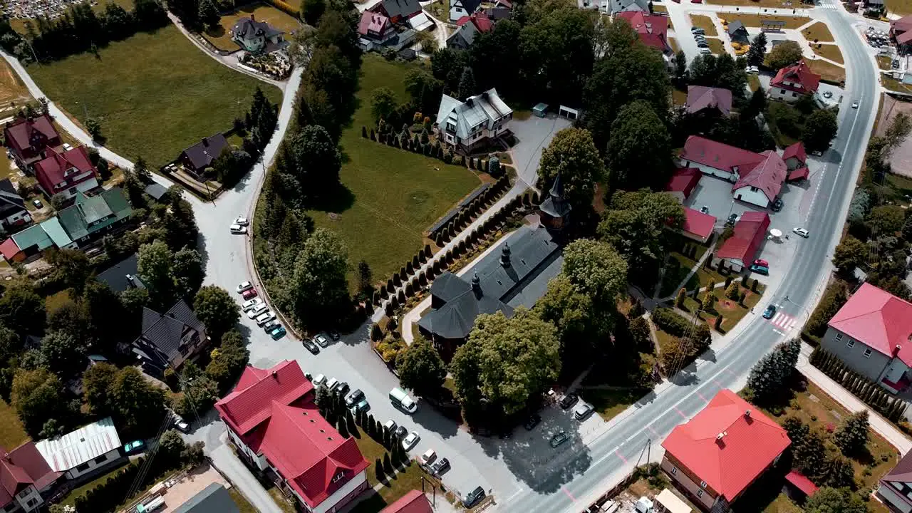 Aerial shot of old church in small town