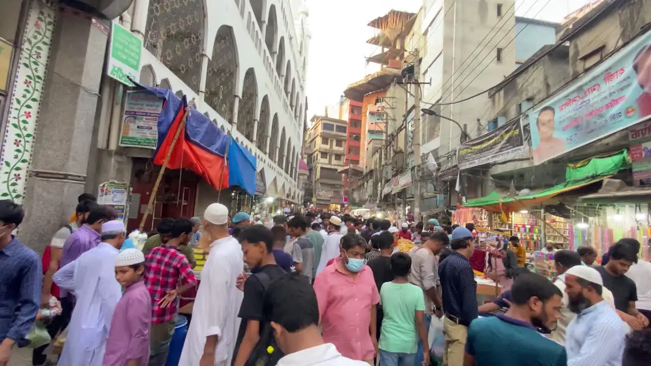 POV Walking Past Busy Bustling Street Market In Dhaka