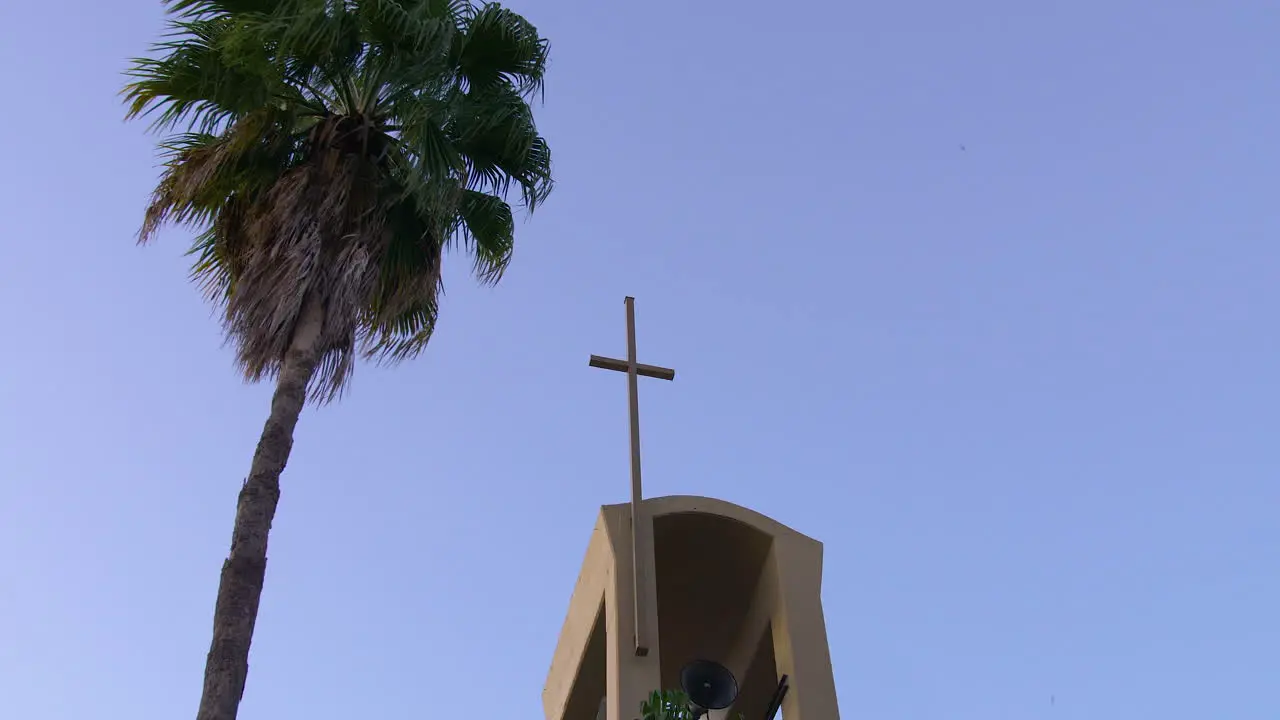 A church steeple with a tree next to it