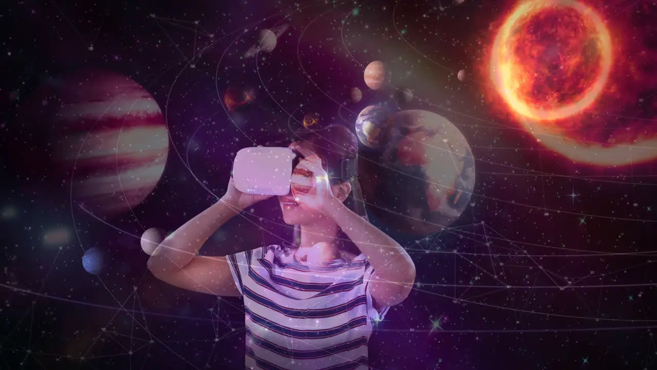 Science Composition Woman watching the universe with Augmented Reality