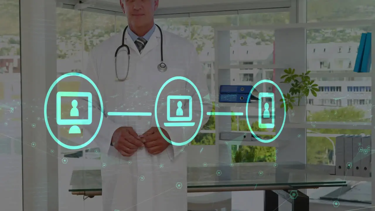 Animation of network of connections with technology icons over caucasian male doctor