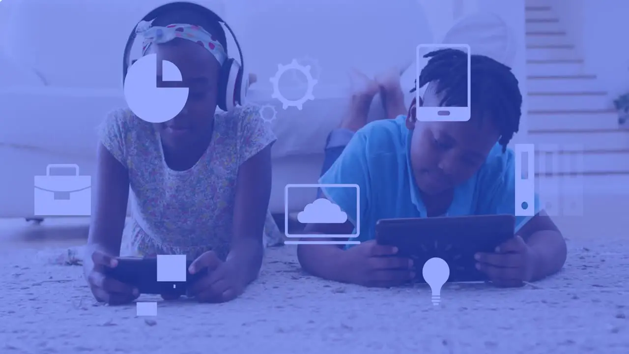 Animation of technology icons over african american siblings using technology