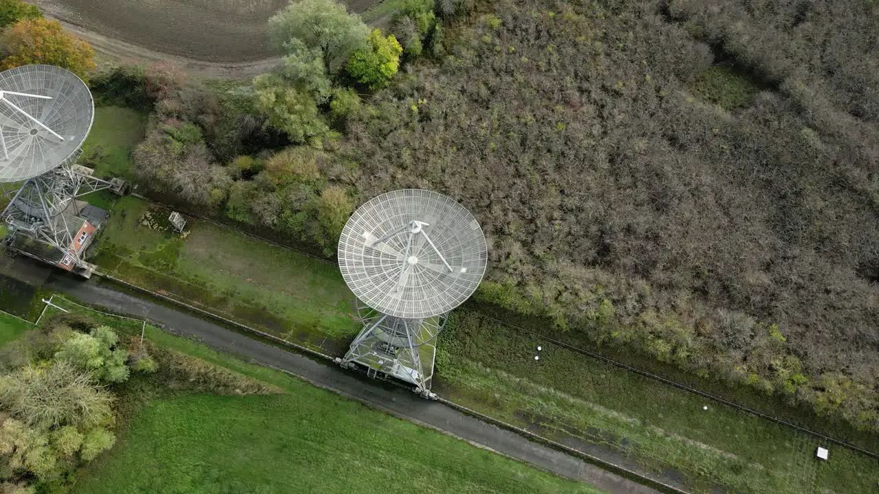 Aerial orbit view Mullard radio observatory telescope array MRAO in Cambridge countryside