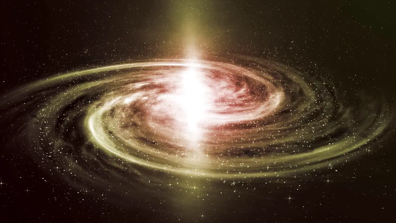 Beautiful and stunning 3D CGI simulation of a spectacular red and gold spiral galaxy spinning in space trailing diamond-like stars