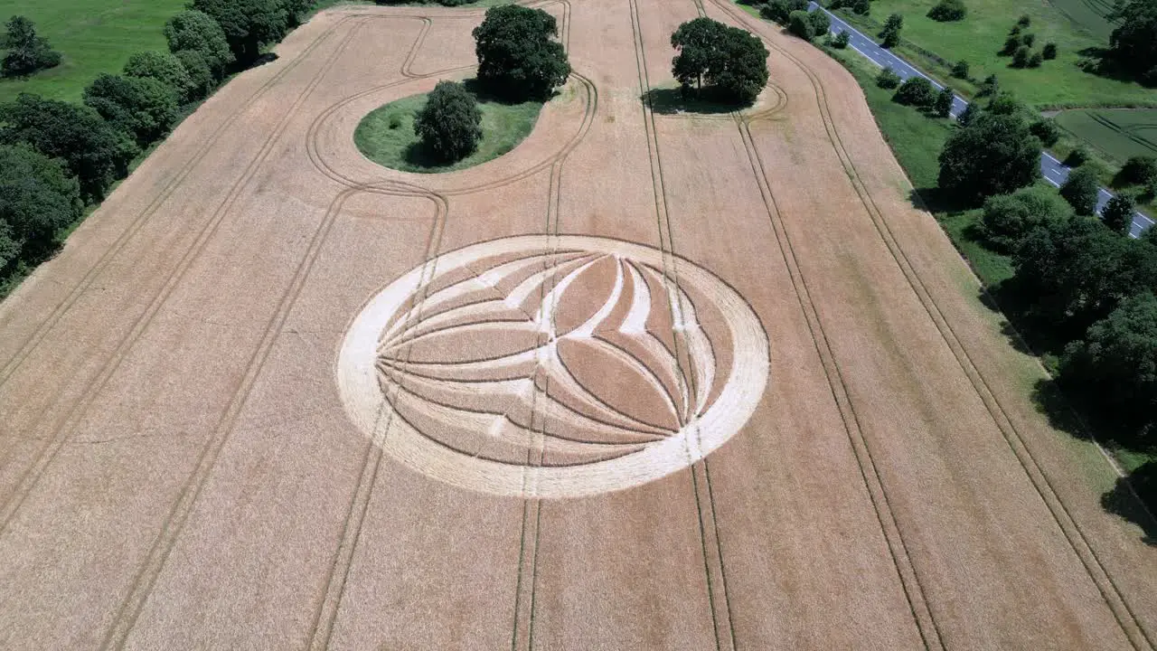 Warminster crop circle 2023 aerial view flyover harvested corn field geometric alien shapes on British farmland