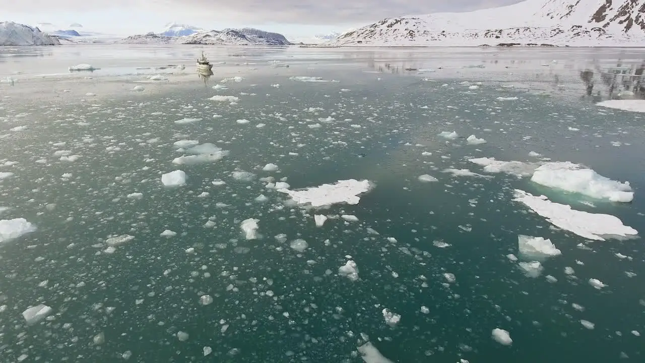 Glacial meltwater icebergs global warming scientific research boat aerial view