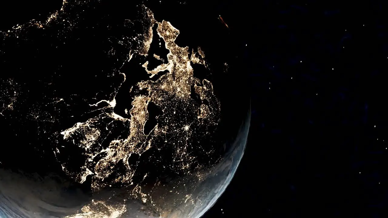 Western Europe night lights from space on rotating globe 3d render