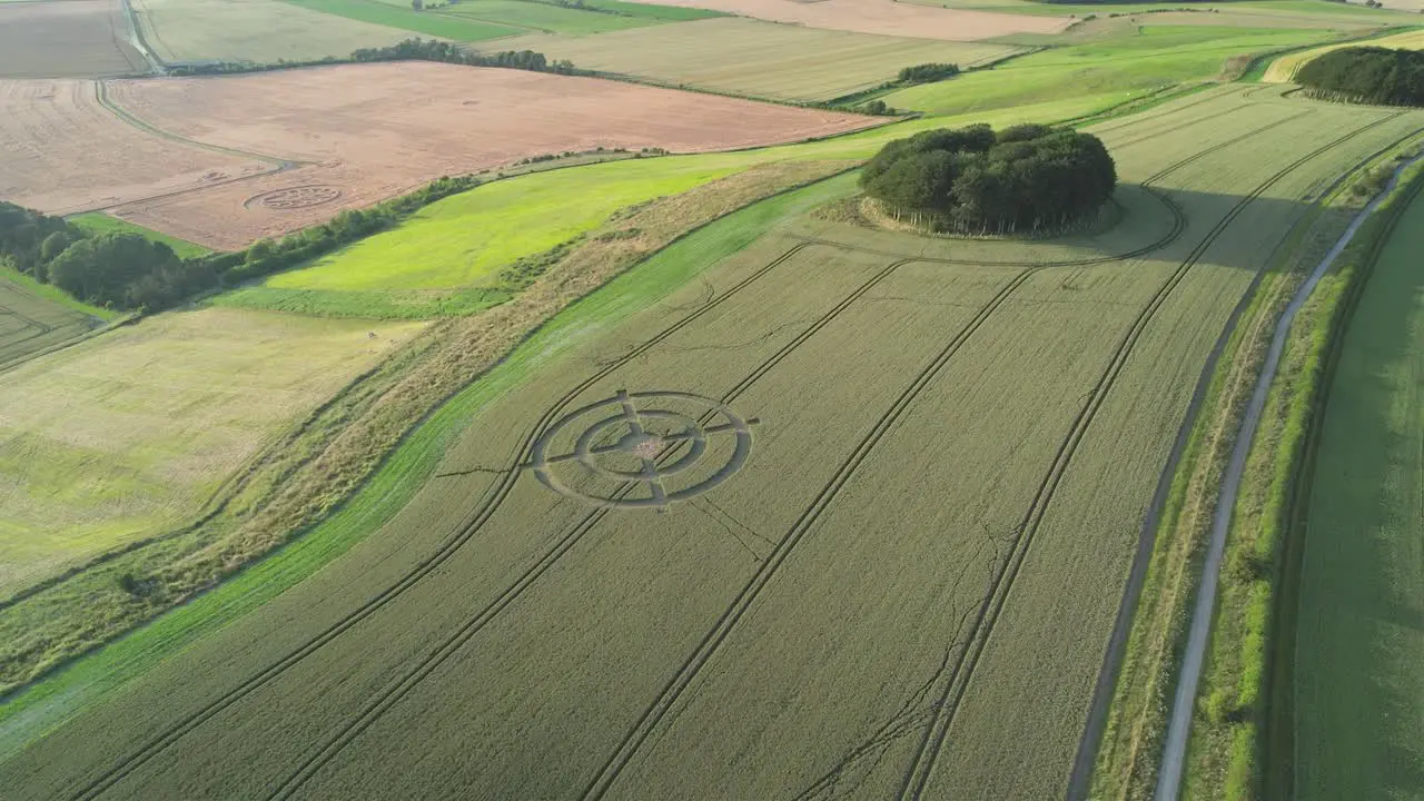 Bizarre wheat field target crop circle design in green Hackpen hill rural scene aerial view pull away landscape reveal