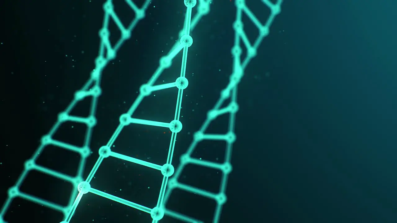 3D rendered loopable seemless animation of green rotating DNA glowing molecules on dark green background